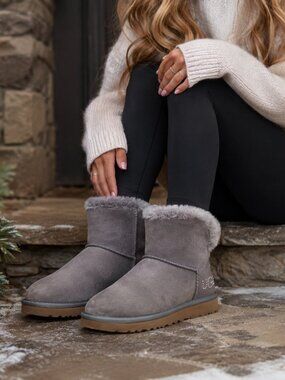 UGG Classic Bling Mini Boots Women’s Size 7 Gray Suede Swarovski  Shearliling